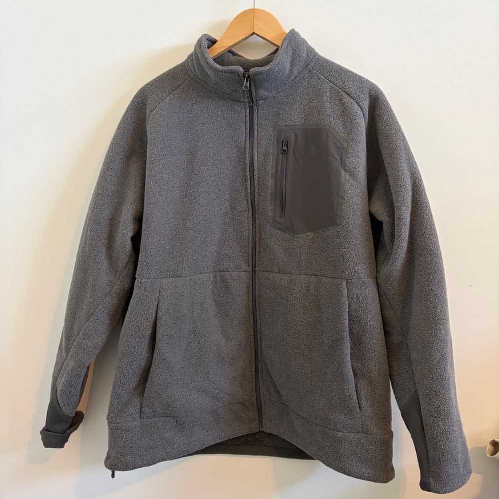 The North Face Mens Grey Full Zip Fleece Jacket Mock Neck Chest Pocket L